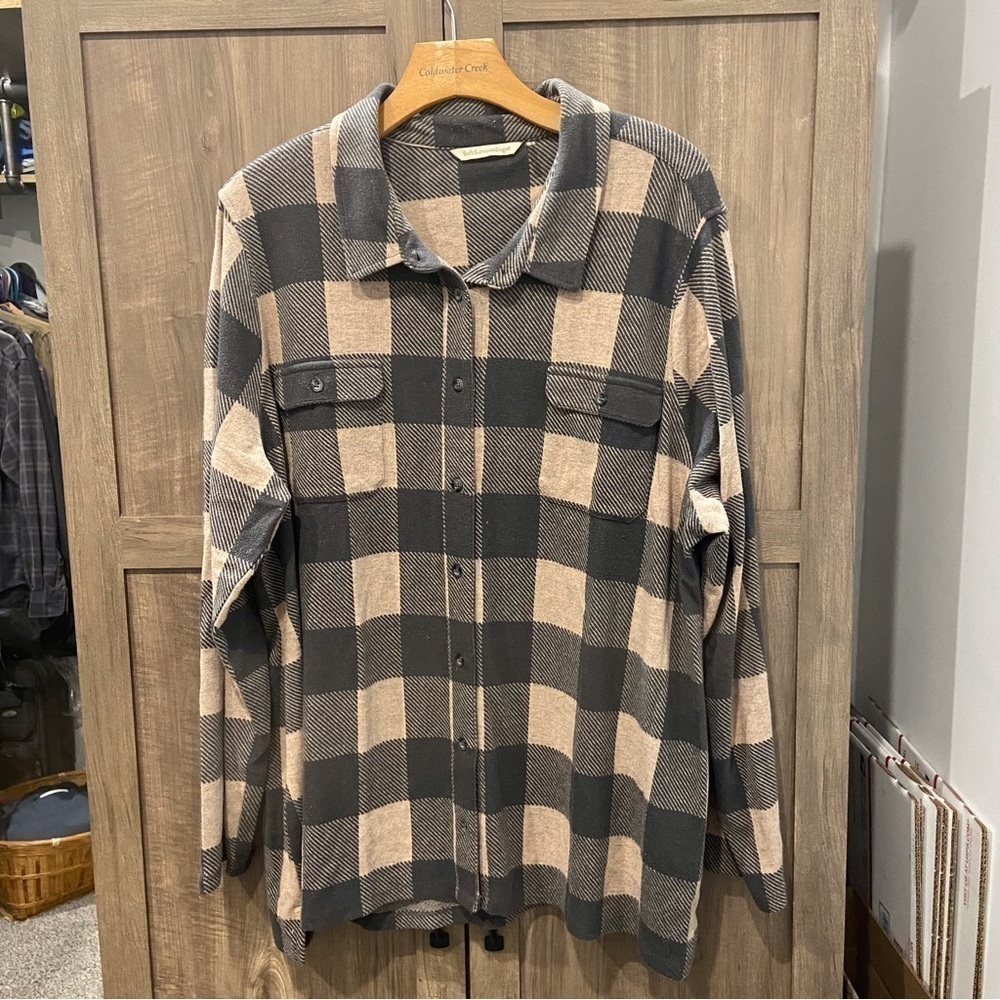 Soft Surroundings 1X Flannel Button down Brown Black Plaid